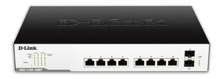 D-Link network switch, 8xRJ45, 2xSFP, PoE plus, Gigabit, black/silver in the group COMPUTERS & PERIPHERALS / Network / Switches / 10/100/1000Mbps at TP E-commerce Nordic AB (38-61978)