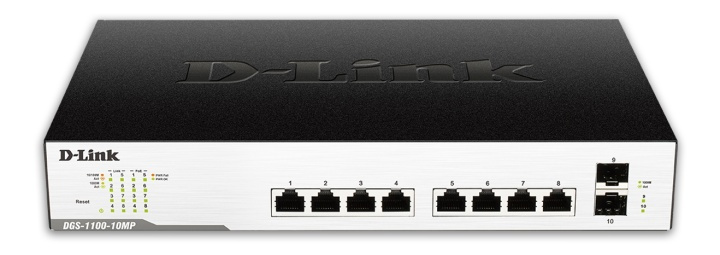 D-Link network switch, 8xRJ45, 2xSFP, PoE plus, Gigabit, black/silver in the group COMPUTERS & PERIPHERALS / Network / Switches at TP E-commerce Nordic AB (38-61978)