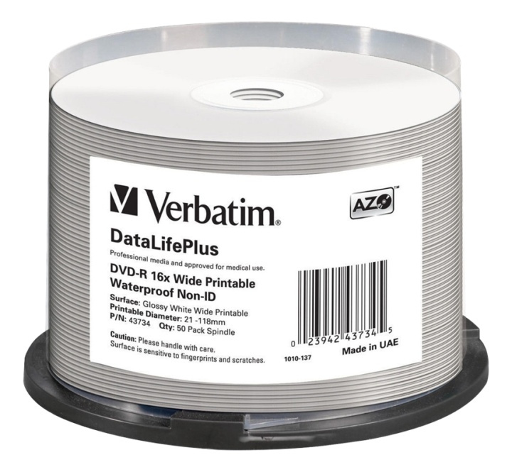 Verbatim DVD-R AZO 4.7GB 16X DL+ WIDE GLOSSY WATERPROOF PRINTABLE in the group HOME ELECTRONICS / Storage media / CD/DVD/BD-Discs / CD/DVD storage at TP E-commerce Nordic AB (38-62607)