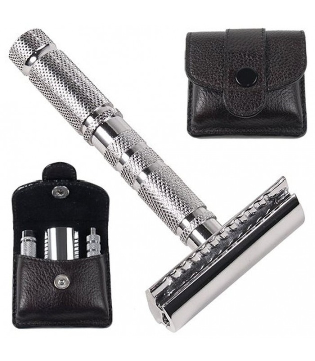 Parker A1-R 4 Piece Travel Safety Razor & Leather Pouch in the group BEAUTY & HEALTH / Hair & Styling / Shaving & Trimming / Razors & Accessories at TP E-commerce Nordic AB (38-70082)