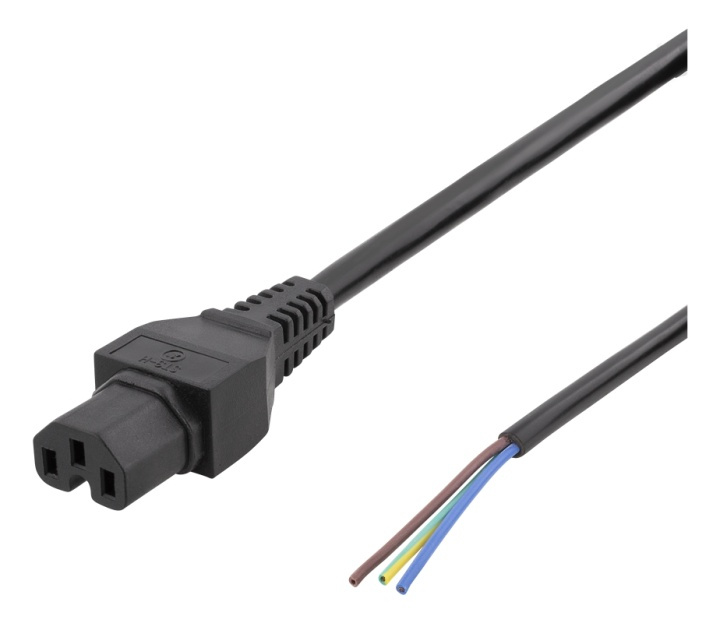 DELTACO C15 to open ended power cord, 2m, IEC C15, 10A, black in the group COMPUTERS & PERIPHERALS / Computer cables / Device kable at TP E-commerce Nordic AB (38-71611)