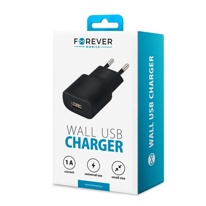 Forever väggladdare, USB-port, 1A, svart in the group SMARTPHONE & TABLETS / Chargers & Cables / Wall charger / Wall charger USB at TP E-commerce Nordic AB (38-72501)