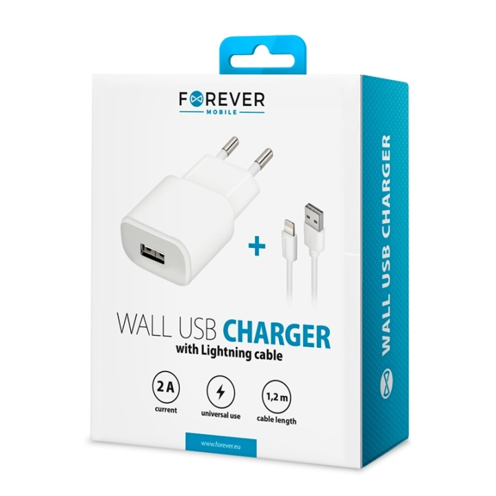 Forever Väggladdare USB 2A TC-01 + iPhone 8-pin kabel - Vit in the group SMARTPHONE & TABLETS / Chargers & Cables / Wall charger / Wall charger Lightning at TP E-commerce Nordic AB (38-72509)