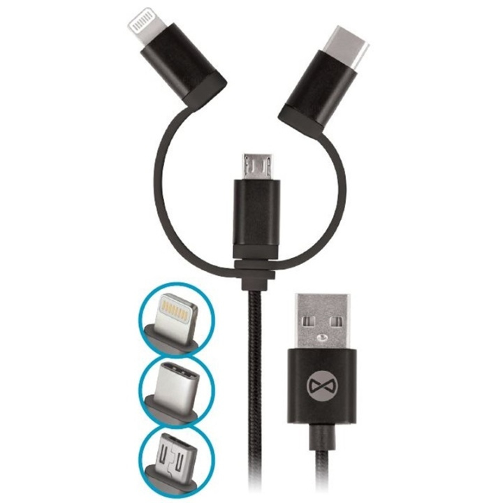 Forever 3in1 nylon microUSB + Lightning + USB typ-C Svart in the group SMARTPHONE & TABLETS / Chargers & Cables / Cables / Cables Lightning at TP E-commerce Nordic AB (38-72598)