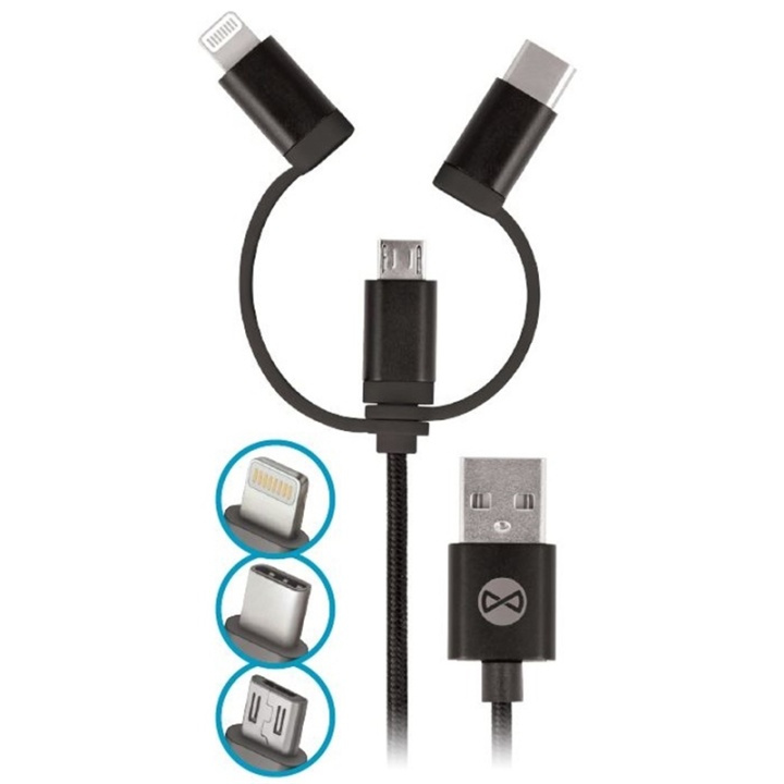 Forever 3in1 nylon microUSB + Lightning + USB type-C Black in the group SMARTPHONE & TABLETS / Chargers & Cables / Cables / Cables Lightning at TP E-commerce Nordic AB (38-72598)