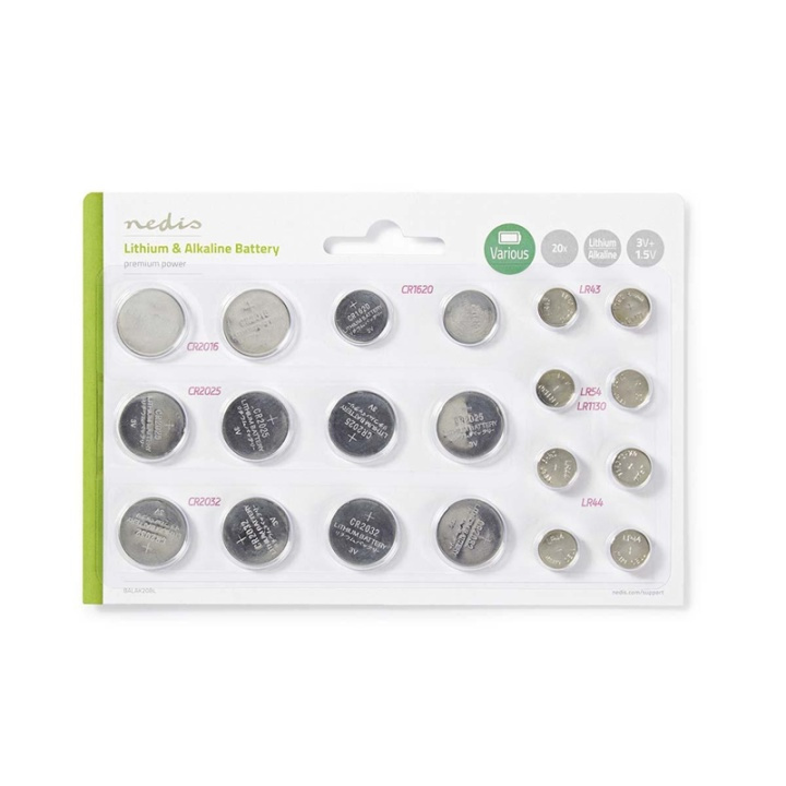 Nedis Lithium / Alkaline Button Cell Battery Multi Pack | 1.5 / 3 V DC | Alkaline / Lithium | CR1620 / CR2016 / CR2025 / CR2032 / LR43 / LR44 / LR54 | Number of batteries: 20 pcs | Various Devices in the group HOME ELECTRONICS / Batteries & Chargers / Batteries / Button cell at TP E-commerce Nordic AB (38-72976)