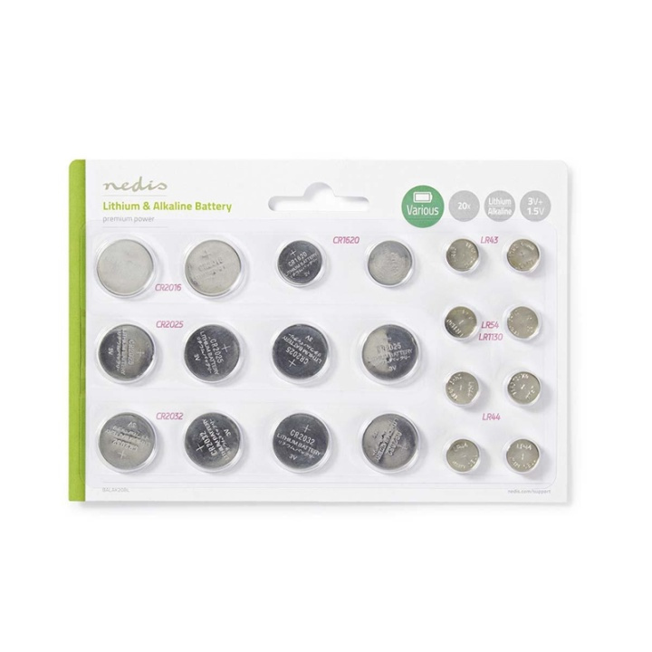 Nedis Lithium / Alkaline Button Cell Battery Multi Pack | 1.5 / 3 V DC | Alkaline / Lithium | CR1620 / CR2016 / CR2025 / CR2032 / LR43 / LR44 / LR54 | Number of batteries: 20 pcs | Blister Card | Various Devices in the group HOME ELECTRONICS / Batteries & Chargers / Batteries / Button cell at TP E-commerce Nordic AB (38-72976)