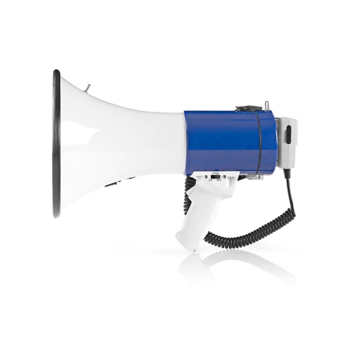 Nedis Megaphone | Maximum range: 1500 m | Volume control: 135 dB | Detachable Microphone | Built-in siren | Shoulder strap | Blue / White in the group HOME ELECTRONICS / Audio & Picture / Megaphones at TP E-commerce Nordic AB (38-74415)