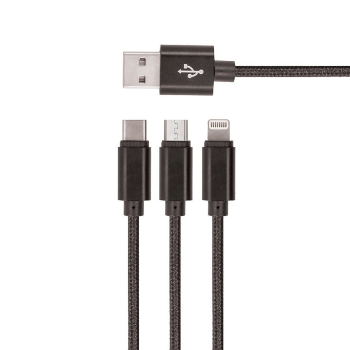 Setty 3i1 USB-kabel till microUSB/USB-C/Lightning, 1 m, Svart in the group SMARTPHONE & TABLETS / Chargers & Cables / Cables / Cables microUSB at TP E-commerce Nordic AB (38-79027)