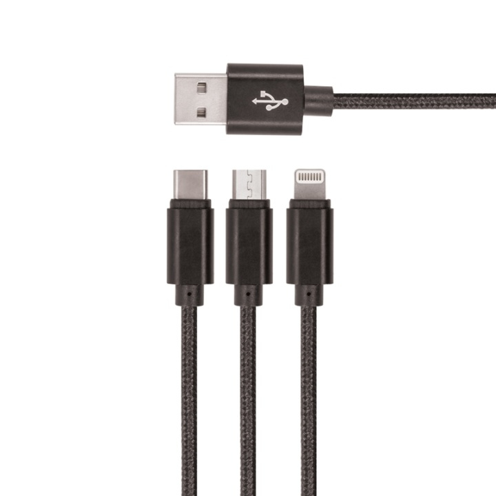 Setty 3in1 USB cable to microUSB/USB-C/Lightning, 1,2 m, Black in the group SMARTPHONE & TABLETS / Chargers & Cables / Cables / Cables microUSB at TP E-commerce Nordic AB (38-79027)