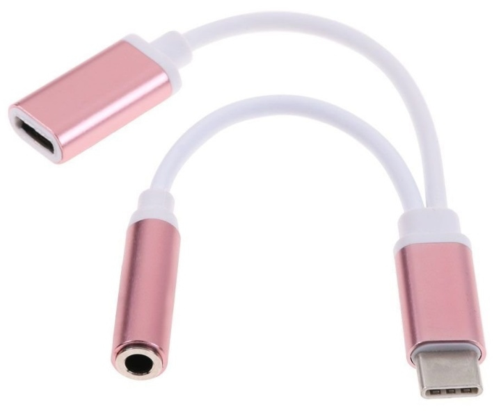 Dual Adapter USB-C to 3.5mm jack and charging, Pink in the group SMARTPHONE & TABLETS / Chargers & Cables / Adapters at TP E-commerce Nordic AB (38-80763)