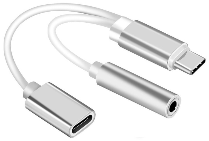 Dual Adapter USB-C to 3.5mm jack and charging, Silver in the group SMARTPHONE & TABLETS / Chargers & Cables / Adapters at TP E-commerce Nordic AB (38-80765)