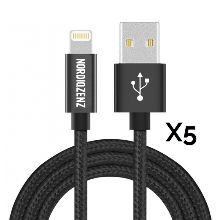 5-pack NORDIQZENZ Lightning Textile Cable, 1m, Black in the group SMARTPHONE & TABLETS / Chargers & Cables / Cables / Cables Lightning at TP E-commerce Nordic AB (38-81343PKT)