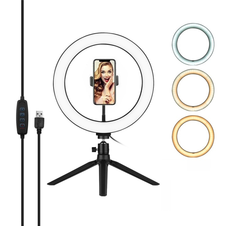Selfielampa / Ring light, 26 cm med stativ och mobilhållare in the group HOME ELECTRONICS / Photo & Video / Photo equipment / Ring light at TP E-commerce Nordic AB (38-81640)