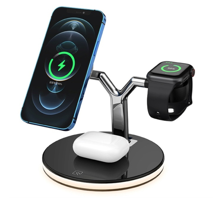 Wireless 3 in 1 magnetic charging dock with lamp, Black/Chrome in the group SMARTPHONE & TABLETS / Chargers & Cables / Wireless Qi chargers at TP E-commerce Nordic AB (38-82829)