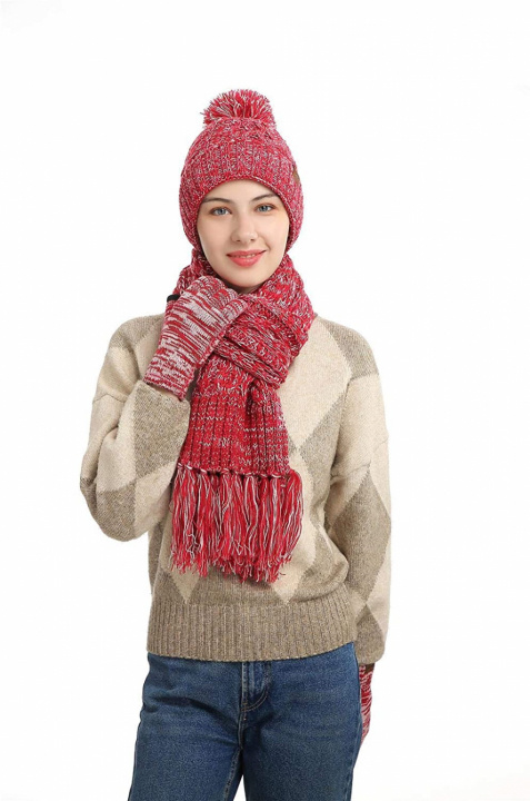 Knitted set with beanie, scarf, and touchscreen gloves, Red. in the group Sport, leisure & Hobby / Accessories / Hats & Caps at TP E-commerce Nordic AB (38-83042)