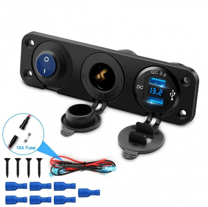 Extra sockets for car, boat, motorhome, 12V and 2xUSB + switch in the group CAR / Car accessories / Other Car accessories at TP E-commerce Nordic AB (38-83084)