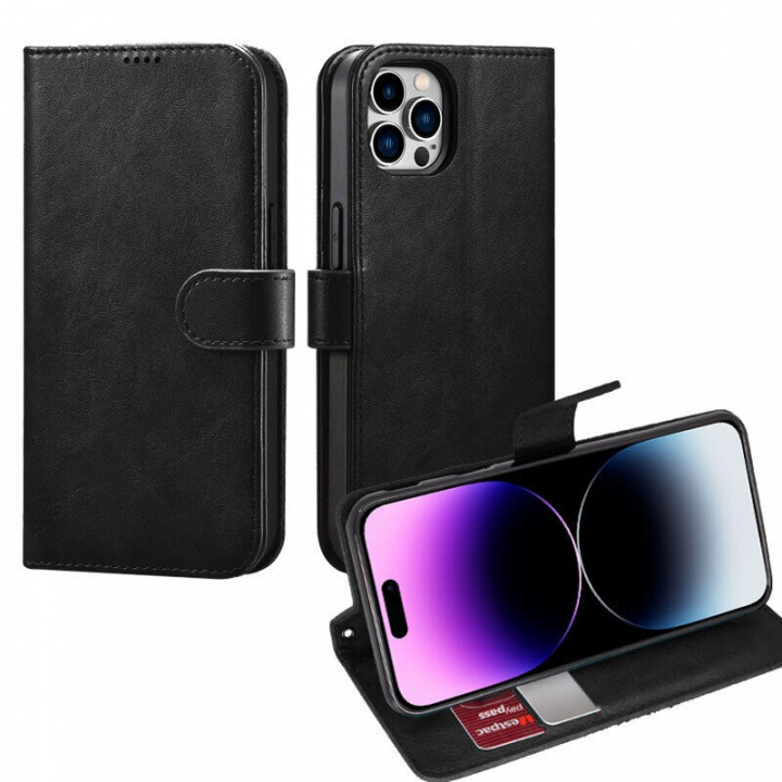 Wallet case in imitation leather with card slot for iPhone 15, Black in the group SMARTPHONE & TABLETS / Phone cases / Apple / iPhone 15 at TP E-commerce Nordic AB (38-84266)