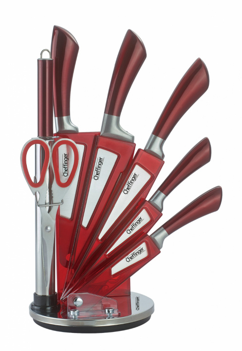 Cheffinger 8pc Stainless steel knives in Acrylic stand, Red in the group HOME, HOUSEHOLD & GARDEN / Kitchen utensils / Kitchen knives & Knife sharpeners at TP E-commerce Nordic AB (38-86723)