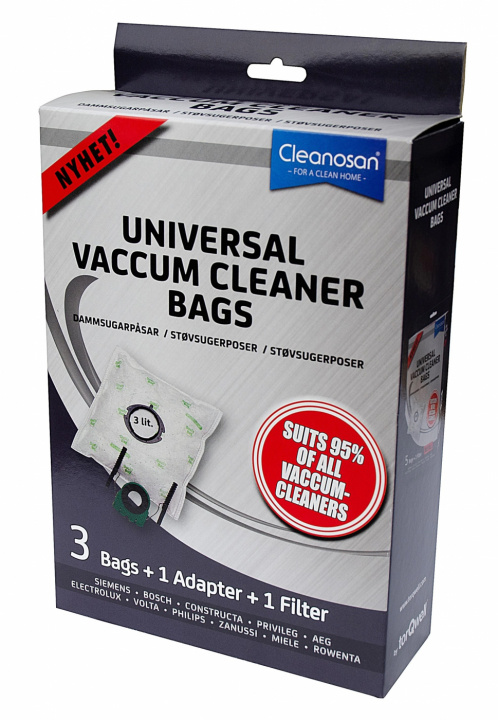 Cleanosan Universal 3-pack dammsugarpåsar + Adapter in the group HOME, HOUSEHOLD & GARDEN / Cleaning products / Vacuum cleaners & Accessories / Accessories / Vacuum bags at TP E-commerce Nordic AB (38-86827)