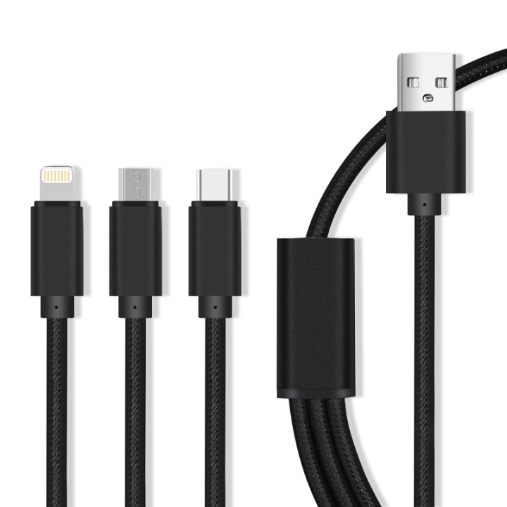 3in1 USB cable for fast charging - microUSB/USB-C/Lightning (2.1A), Black in the group SMARTPHONE & TABLETS / Chargers & Cables / Cables / Cables microUSB at TP E-commerce Nordic AB (38-90058)