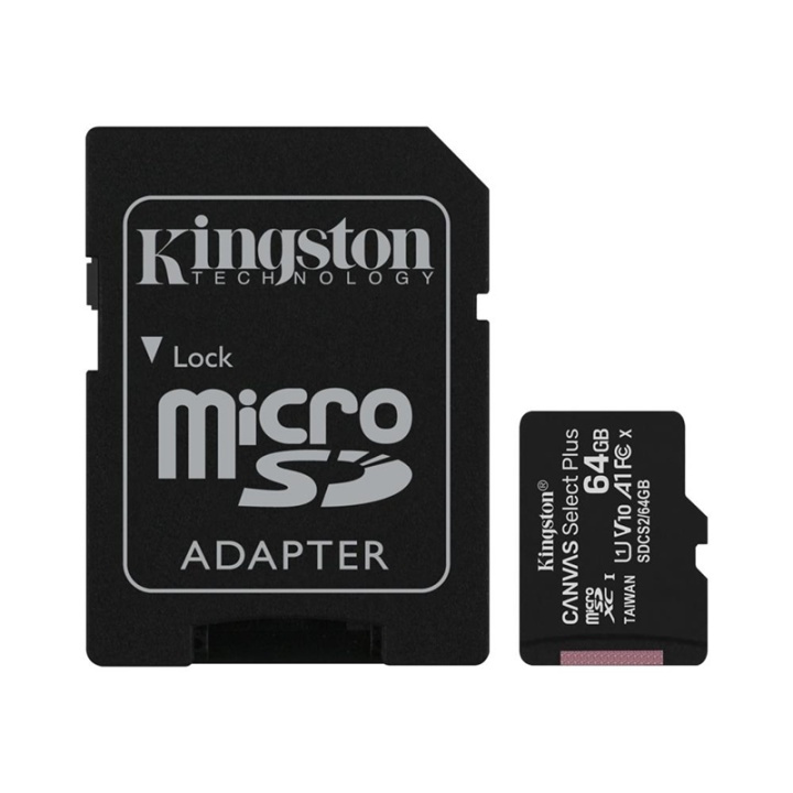 Kingston Canvas Select Plus - microSDXC 64GB, class 10, UHS-I, 100MB/s + adapter in the group HOME ELECTRONICS / Storage media / Memory cards / MicroSD/HC/XC at TP E-commerce Nordic AB (38-92723)