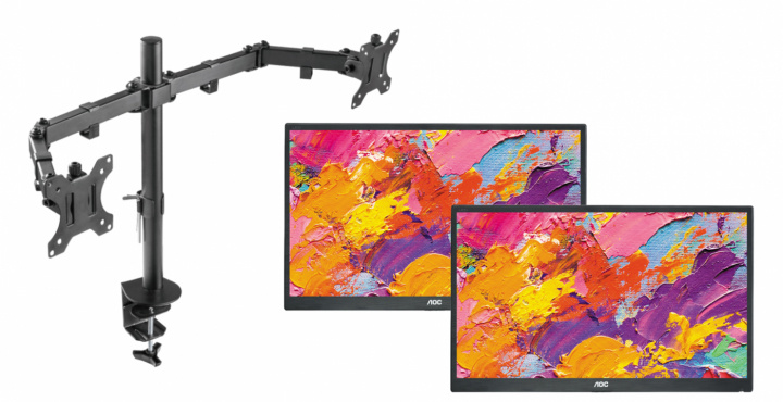 Dual-monitor skrivbordsfäste och två skärmar från AOC - Pre-owned, Klass A in the group COMPUTERS & PERIPHERALS / Computer monitor / Monitor arms & mounts at TP E-commerce Nordic AB (38-94854)