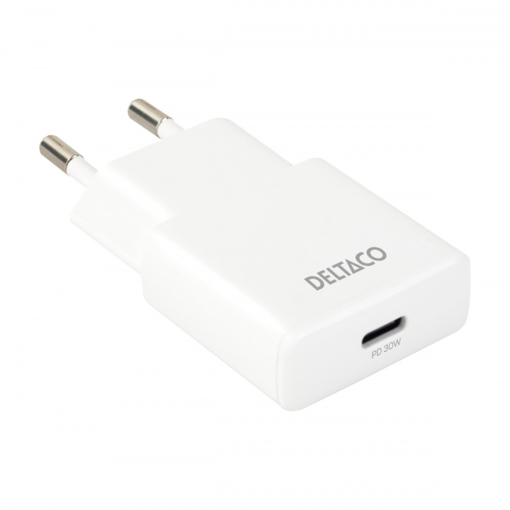 DELTACO USB-C väggladdare, 1x USB-C PD 30 W, slimmad storlek, stödjer PPS in the group SMARTPHONE & TABLETS / Chargers & Cables / Wall charger / Wall charger USB-C at TP E-commerce Nordic AB (38-97682)