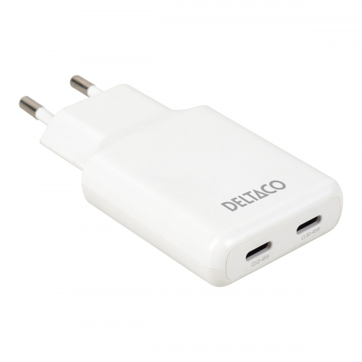 DELTACO USB-C väggladdare 45 W, 2x USB-C PD, slimmad storlek, total effekt 45 W in the group SMARTPHONE & TABLETS / Chargers & Cables / Wall charger / Wall charger USB-C at TP E-commerce Nordic AB (38-97683)