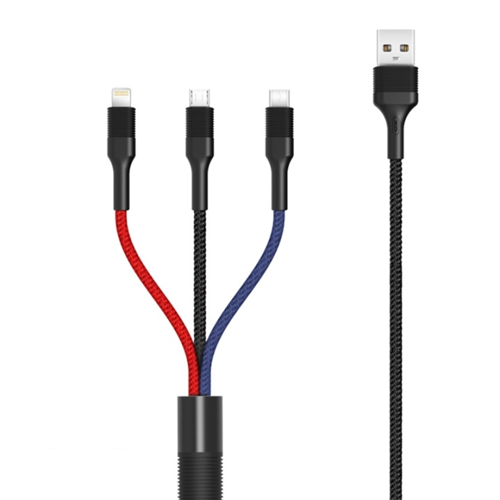 Xo NB54, 3in1 USB - Lightning, USB-C, microUSB Charging Cable (3A) 1.2m in the group SMARTPHONE & TABLETS / Chargers & Cables / Cables / Cables microUSB at TP E-commerce Nordic AB (38-99054)