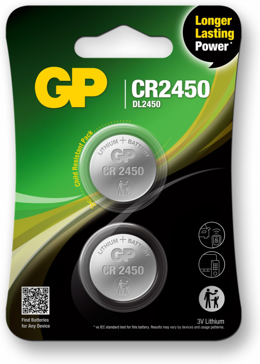 GP Button cell Lithium CR2450, 2-pack in the group HOME ELECTRONICS / Batteries & Chargers / Batteries / Button cell at TP E-commerce Nordic AB (38-99867)