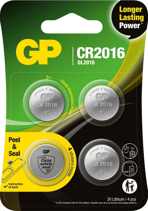 GP Button cell Lithium CR2016, 4-pack in the group HOME ELECTRONICS / Batteries & Chargers / Batteries / Button cell at TP E-commerce Nordic AB (38-99880)