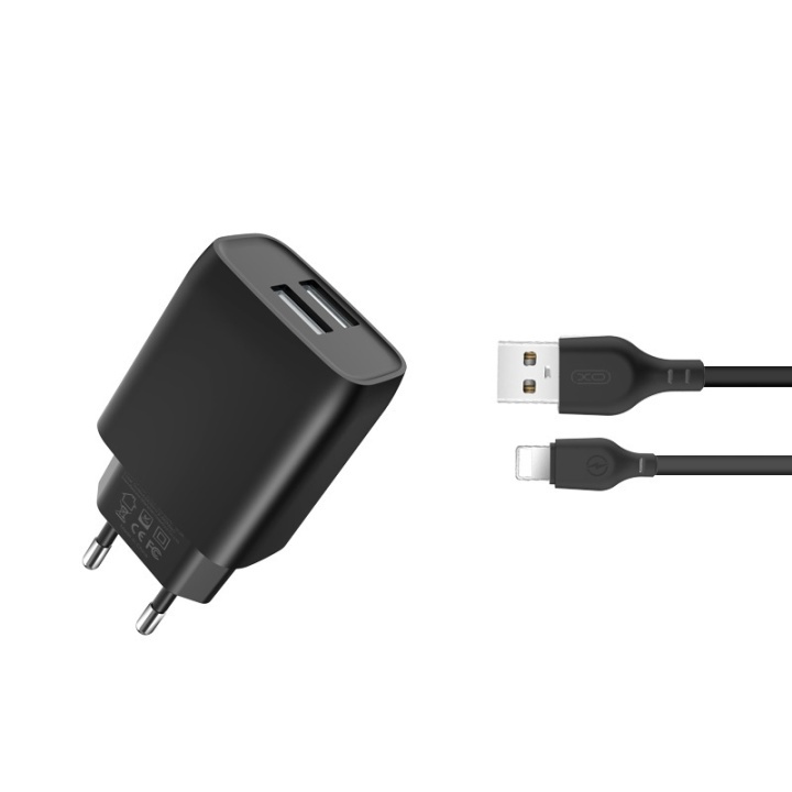 XO L57 Väggladdare (2,4A) 2xUSB, + Lightning-kabel, Svart in the group SMARTPHONE & TABLETS / Chargers & Cables / Wall charger / Wall charger USB at TP E-commerce Nordic AB (A08769)