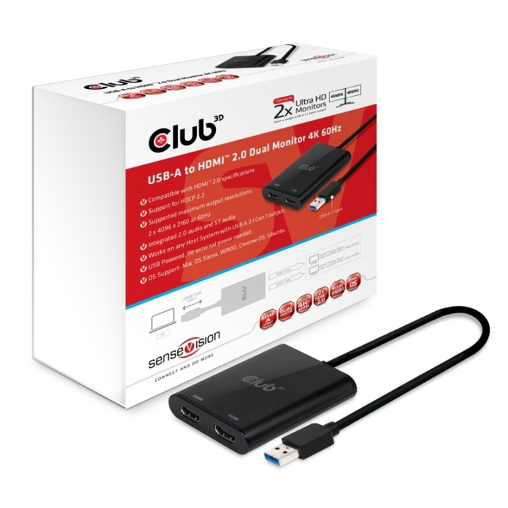 CLUB3D USB A to HDMIT 2.0 Dual Monitor 4K 60Hz in the group HOME ELECTRONICS / Cables & Adapters / HDMI / Adapters at TP E-commerce Nordic AB (A13948)