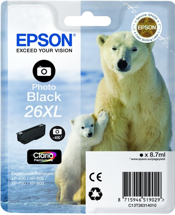 Epson Polar bear Singlepack Photo Black 26XL Claria Premium Ink in the group COMPUTERS & PERIPHERALS / Printers & Accessories / Ink & Toner / Ink cartridges / Epson at TP E-commerce Nordic AB (A14078)