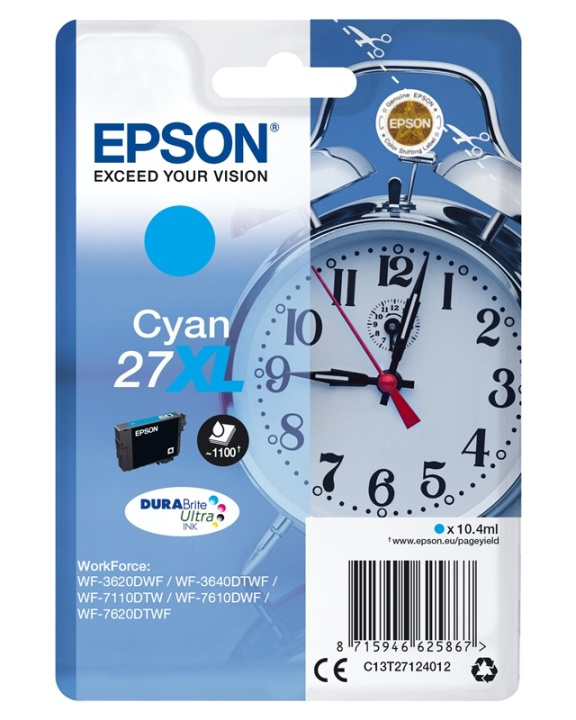 Epson Alarm clock Singlepack Cyan 27XL DURABrite Ultra Ink in the group COMPUTERS & PERIPHERALS / Printers & Accessories / Ink & Toner / Ink cartridges / Epson at TP E-commerce Nordic AB (A14081)