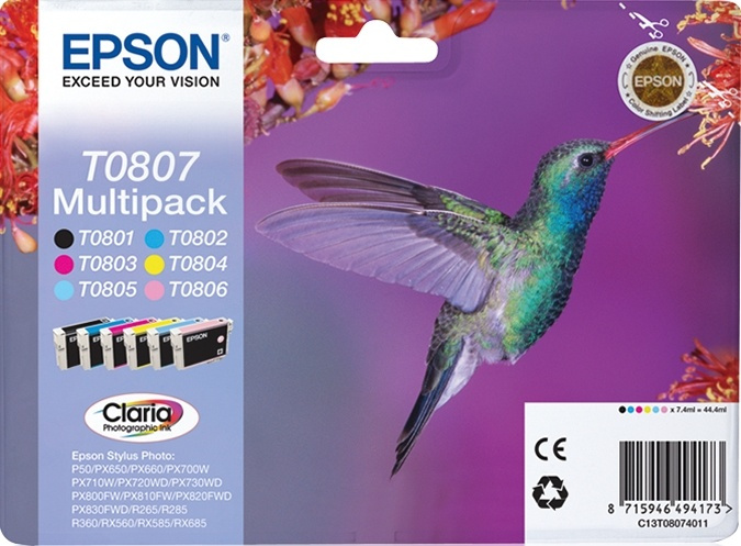 Epson Hummingbird Flerpack 6 färger T0807 Claria Photographic-bläck in the group COMPUTERS & PERIPHERALS / Printers & Accessories / Ink & Toner / Ink cartridges / Epson at TP E-commerce Nordic AB (A14134)