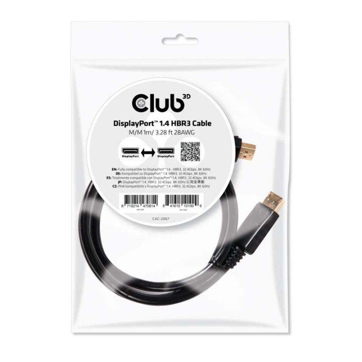 CLUB3D DisplayPort 1.4 HBR3 Cable 1m/3.28ft Male/Male 8K60Hz in the group COMPUTERS & PERIPHERALS / Computer cables / DisplayPort / Cables at TP E-commerce Nordic AB (A14567)