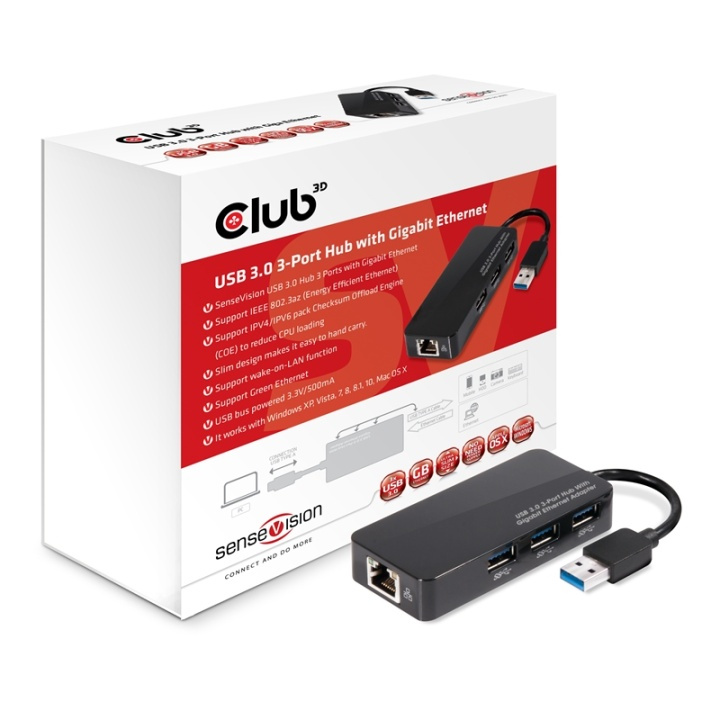 CLUB3D USB 3.0 Hub 3-Port with Gigabit Ethernet in the group COMPUTERS & PERIPHERALS / Computer accessories / USB-Hubs at TP E-commerce Nordic AB (A14581)