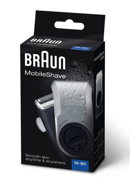 Braun MobileShave PocketGo M90. Product color: Blue, Silver. Power source: Battery, Battery operating time: 60 h. Weight: 180 g. Package type: Box, Package width: 38 mm, Box depth: 79 mm. Width of package: 20.6 cm, Length of outer carton: 29.4 cm, Height in the group BEAUTY & HEALTH / Hair & Styling / Shaving & Trimming / Shavers at TP E-commerce Nordic AB (A15365)
