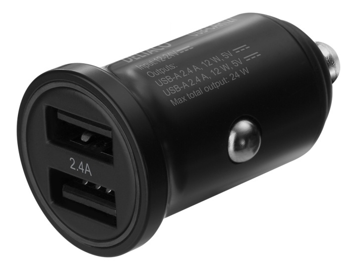 DELTACO 12/24 V USB car charger with dual USB-A ports, 24 W, black in the group SMARTPHONE & TABLETS / Chargers & Cables / Car chargers / Car chargers USB at TP E-commerce Nordic AB (A16658)
