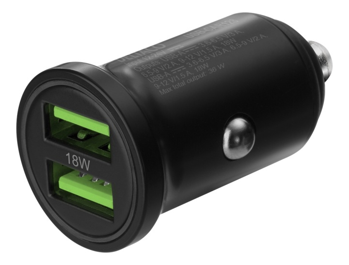 DELTACO USB car charger, 2x USB-A 18 W, fast charging, 36 W total in the group SMARTPHONE & TABLETS / Chargers & Cables / Car chargers / Car chargers USB at TP E-commerce Nordic AB (A16664)