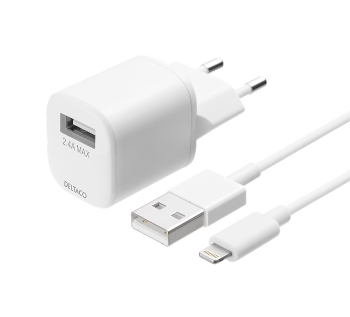 DELTACO USB wall charger, USB-A, 2,4 A, incl. 1 m USB-A to Lightning in the group SMARTPHONE & TABLETS / Chargers & Cables / Wall charger / Wall charger USB at TP E-commerce Nordic AB (A16670)