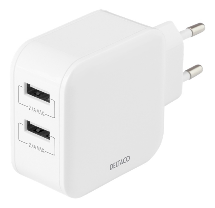 DELTACO Wall charger with dual USB-A ports, 4.8 A, 24 W, white in the group SMARTPHONE & TABLETS / Chargers & Cables / Wall charger / Wall charger USB at TP E-commerce Nordic AB (A16717)