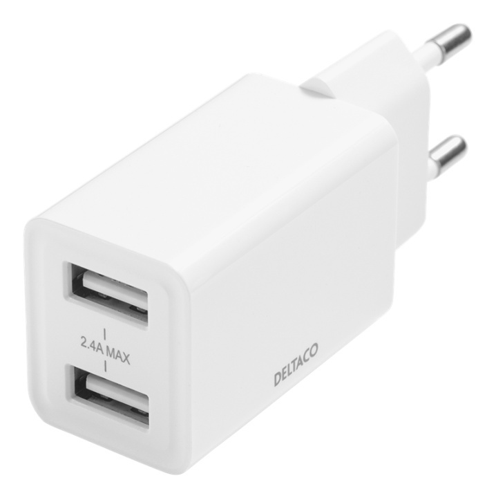 DELTACO USB wall charger, 2x USB-A, 2.4 A, total 12 W, white in the group SMARTPHONE & TABLETS / Chargers & Cables / Wall charger / Wall charger USB at TP E-commerce Nordic AB (A17219)