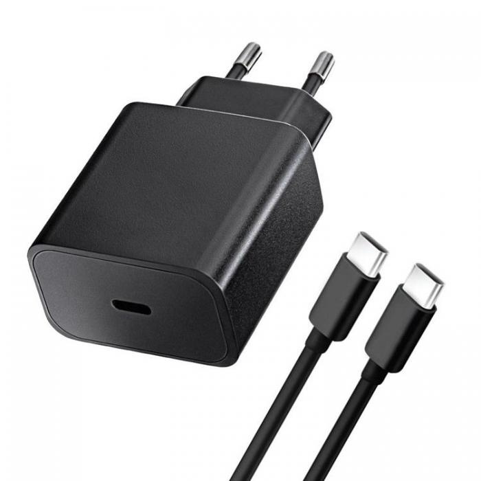 Snabbladdare 25W USB-C med USB C-C kabel 1 meter, Svart in the group SMARTPHONE & TABLETS / Chargers & Cables / Wall charger / Wall charger USB-C at TP E-commerce Nordic AB (A21138)