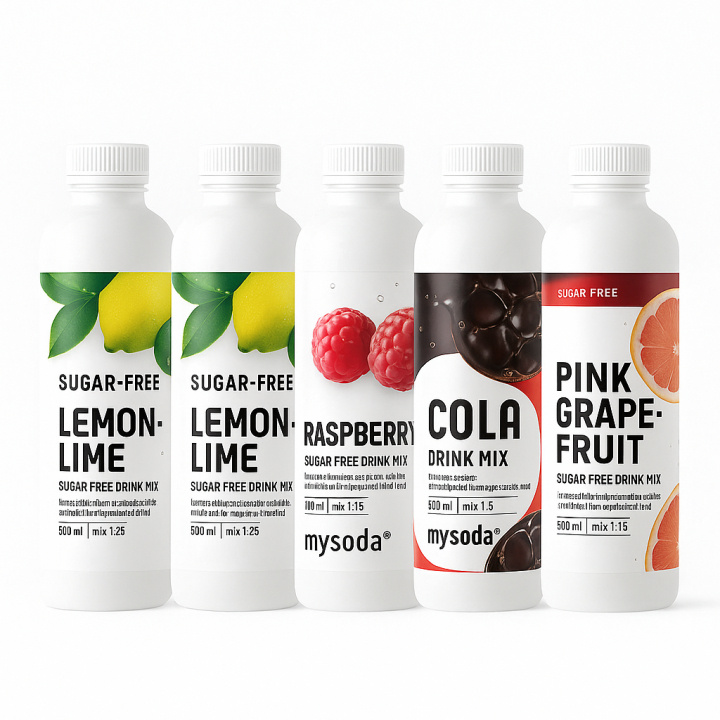 5 pcs Mysoda Cola, Grape, Raspberry, Lemon 500 ml - Ger 36L dryck in the group HOME, HOUSEHOLD & GARDEN / Household appliances / Water & Juice / Carbonation machines / Flavors at TP E-commerce Nordic AB (A22715PKT)
