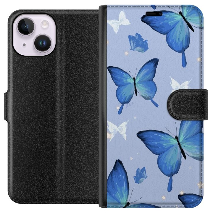 Wallet case for Apple iPhone 14 with Blue butterflies design in the group SMARTPHONE & TABLETS / Phone cases / Apple / iPhone 14 at TP E-commerce Nordic AB (A50610)