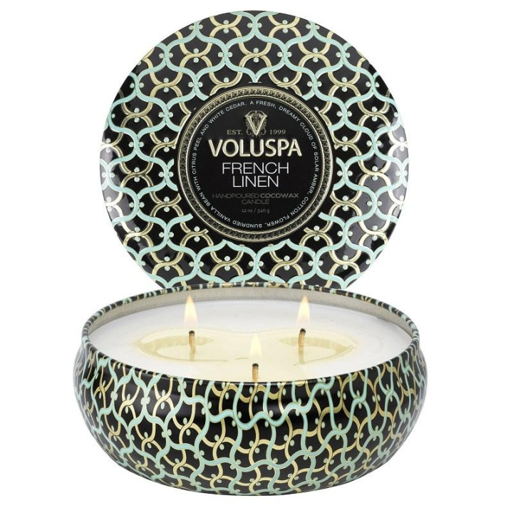 Voluspa 3-Wick Candle Decorative Tin French Linen 340g in the group BEAUTY & HEALTH / Fragrance & Perfume / Other fragrances / Scented candles at TP E-commerce Nordic AB (C00661)