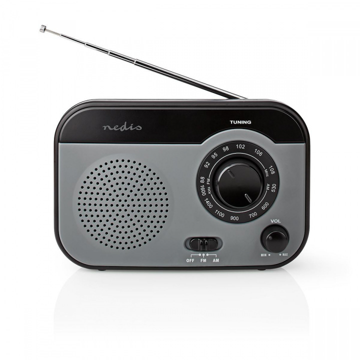 Nedis FM Radio | Portable Design | AM / FM | Battery Powered / Mains Powered | Analogue | 1.8 W | Black White Screen | Headphone output | Carrying handle | Black / Grey in the group HOME ELECTRONICS / Audio & Picture / Home cinema, Hifi & Portable / Radio & Alarm clocks / Radio at TP E-commerce Nordic AB (C04396)